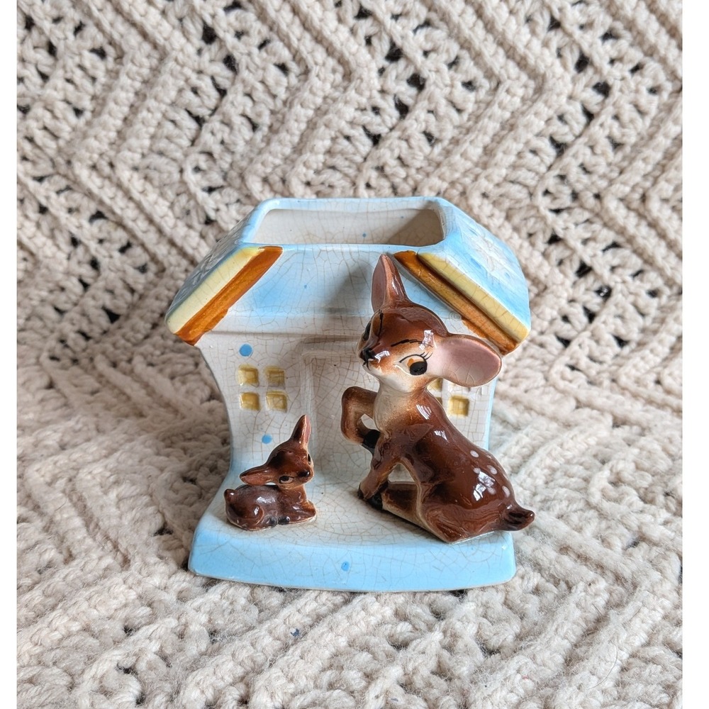 Vintage Ceramic Deer Fawn Planter Japan Mid Century Blue Cottage Figurine